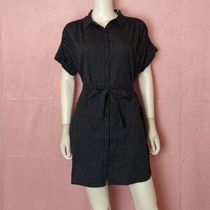 Urban Outfitters Blue Striped 100% Cotton Mini Belted Shirt Dress size Medium